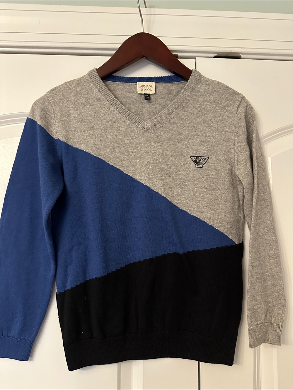 Armani Junior Boy’s V-Neck Colorblock Sweater - Gray/Blue/Black